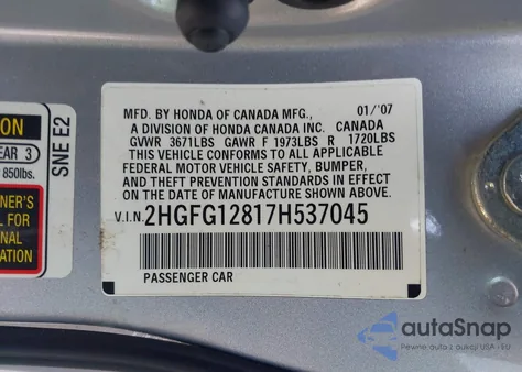 2007 Honda Civic Ex из США, поврежденный, VIN 2HGFG12817H537045